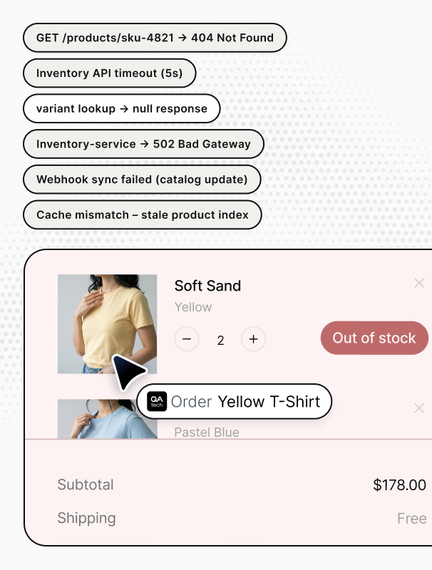 Cart with out-of-stock variant alongside API and inventory errors