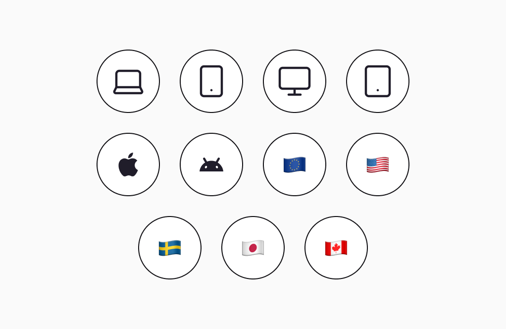 Devices, operating systems and country flags representing omnichannel coverage