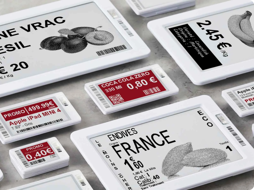 Pricer electronic shelf labels showing product information and pricing.
