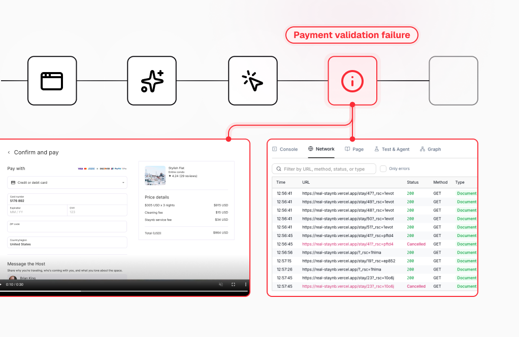 Test run trace surfacing a payment validation failure with network logs