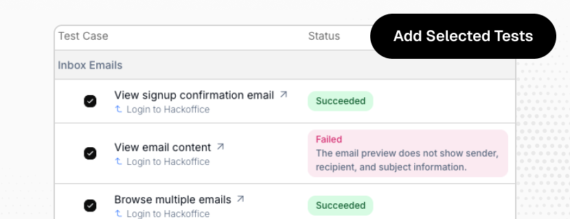 AI-suggested test cases with statuses, ready to add to a suite