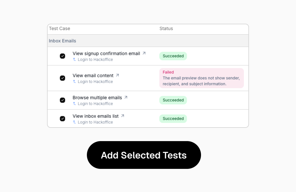 AI-suggested test cases with statuses, ready to add to a suite
