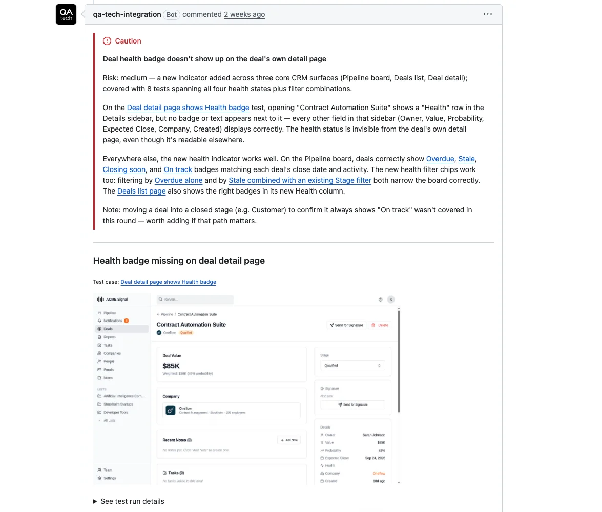 Example of a dynamic PR testing verdict posted to a pull request: a medium-risk change covered by eight test cases, one failure with a screenshot, pre-existing behaviour reported separately