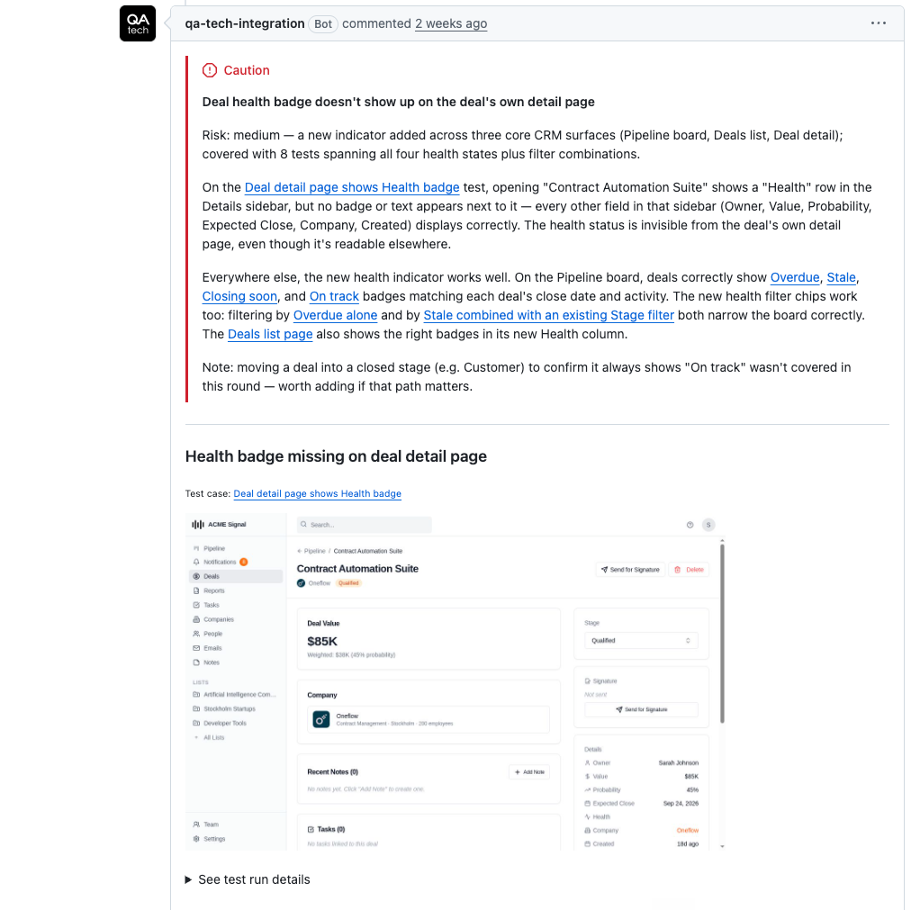 QA.tech verdict posted on a pull request: risk rated medium, 8 tests across the changed surfaces, one failure with the screenshot attached