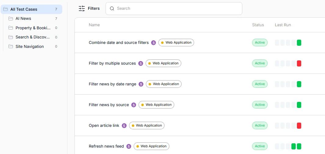 QA.tech test case list with status and last-run history per test case