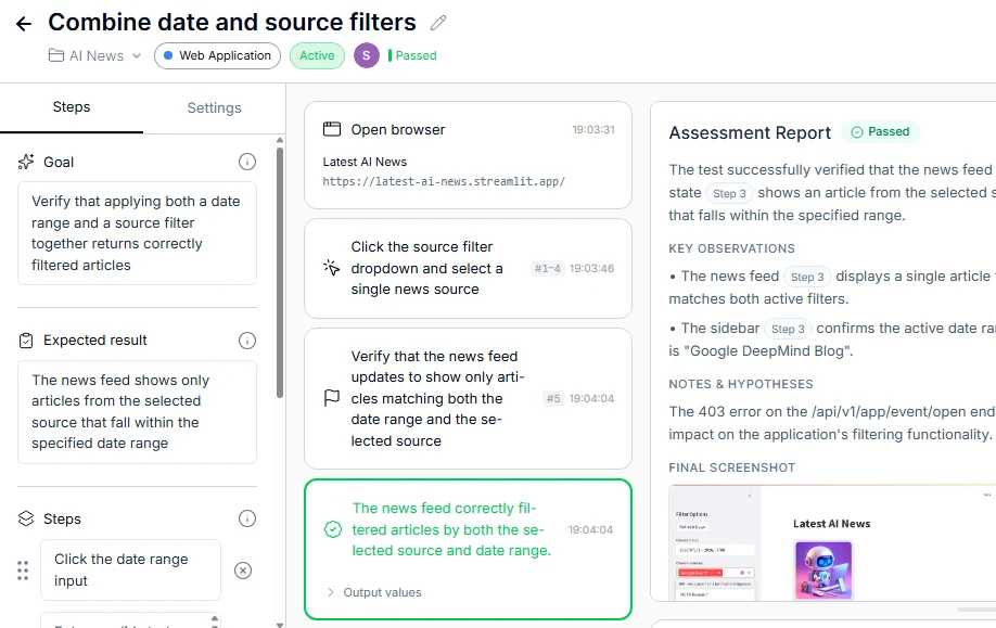 QA.tech test case run showing goal, steps, and a passed assessment report with observations and final screenshot