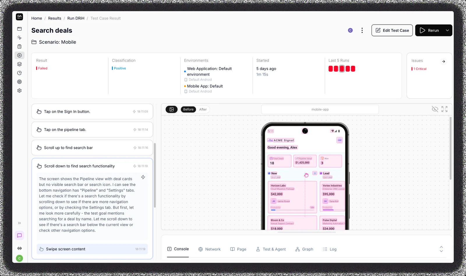 QA.tech test case result showing an agent's step-by-step reasoning while searching for a deal in a mobile app run