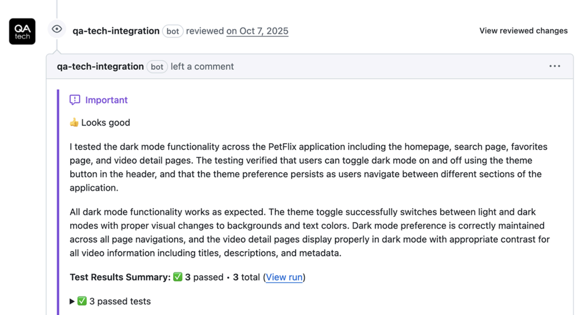 GitHub PR comment by the QA.tech agent