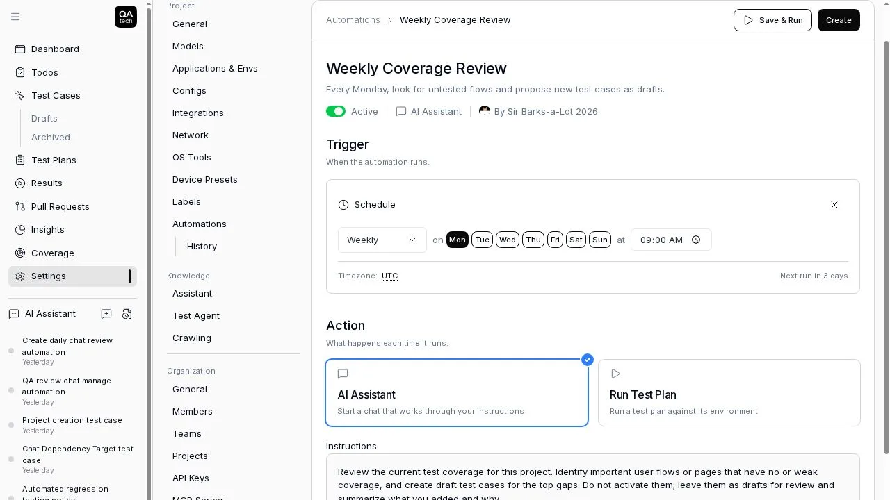 The automation editor with a weekly schedule and assistant instructions