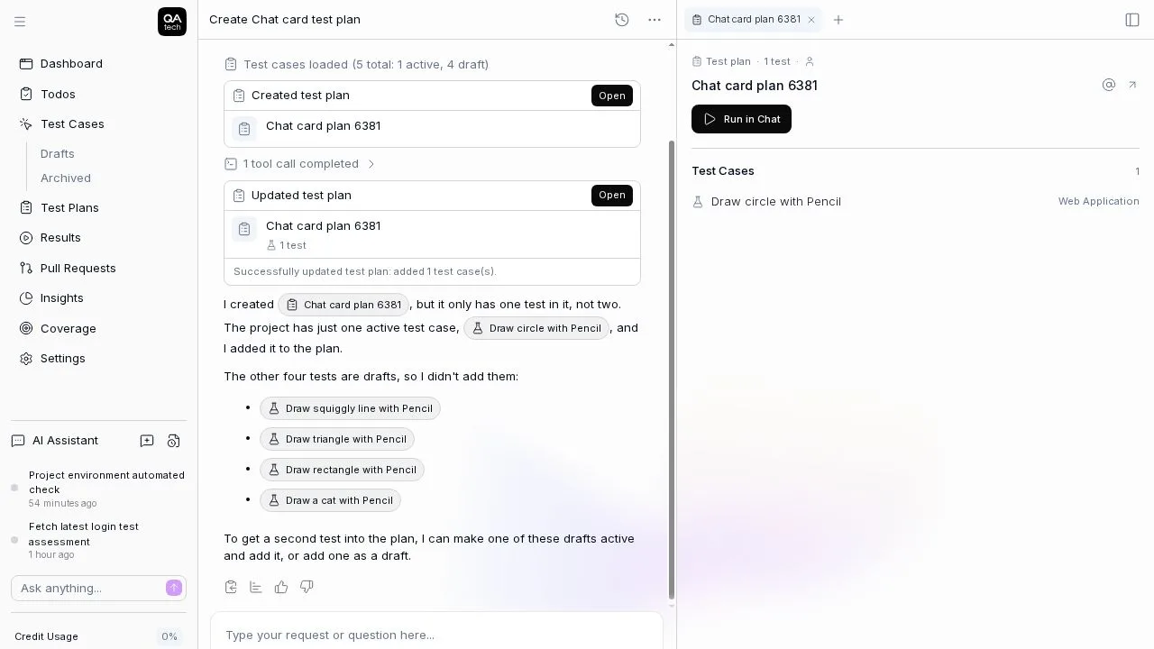 Test plan cards in chat opening in a canvas tab beside the conversation