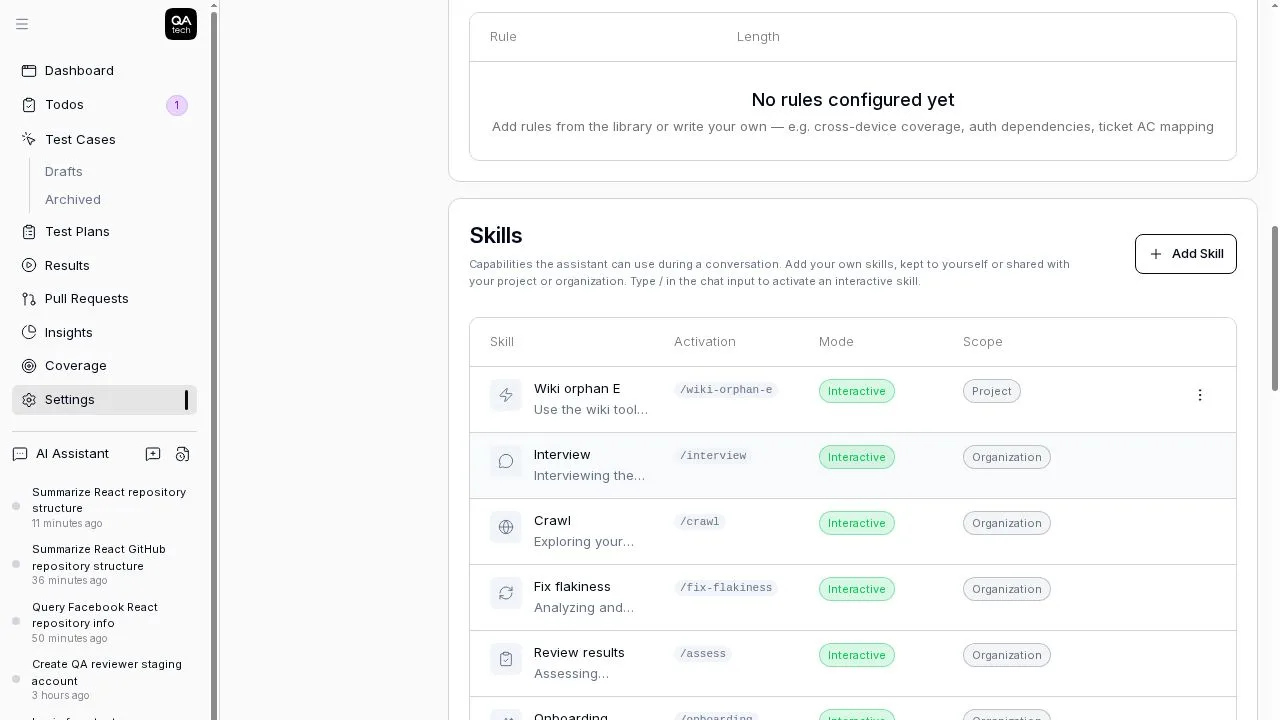 The Skills table under Knowledge, with slash commands, mode and scope