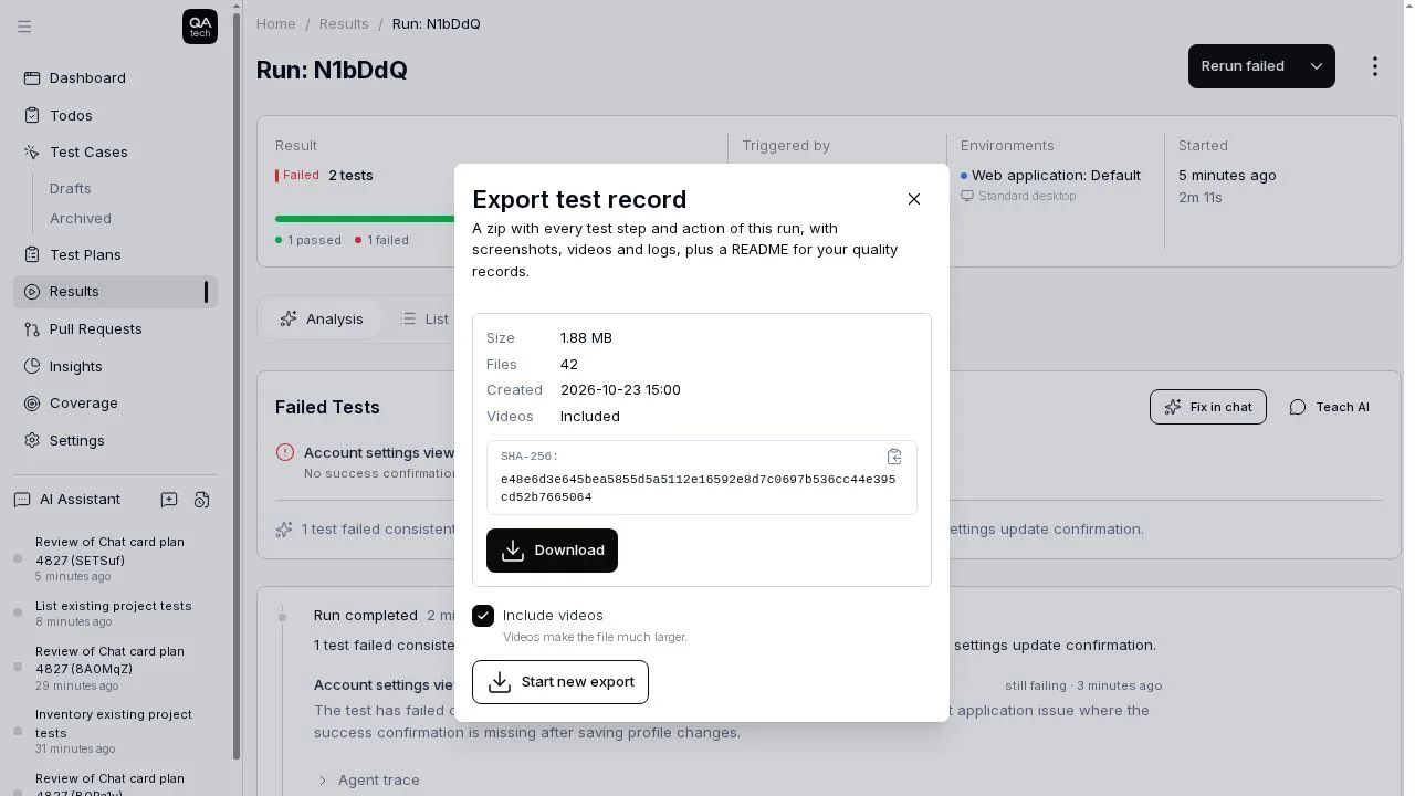 The Export test record dialog with file count, checksum and an Include videos option