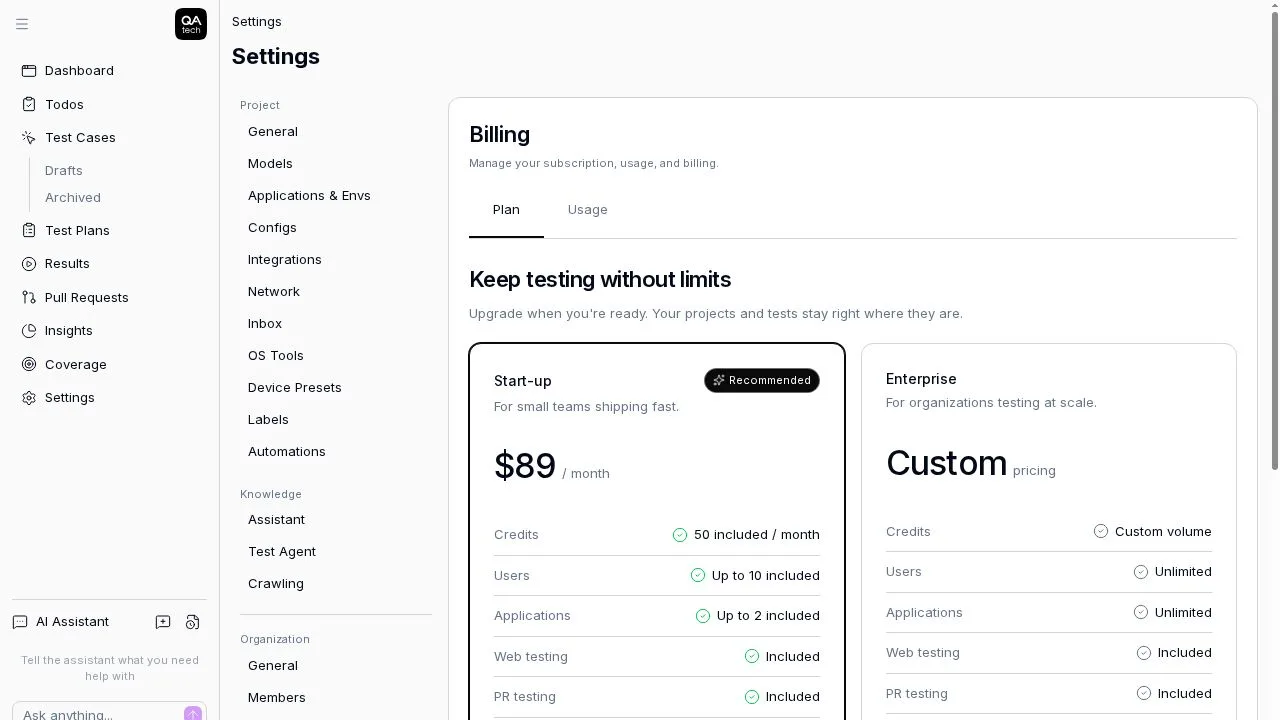 The Billing plan page with the Start-up and Enterprise plans