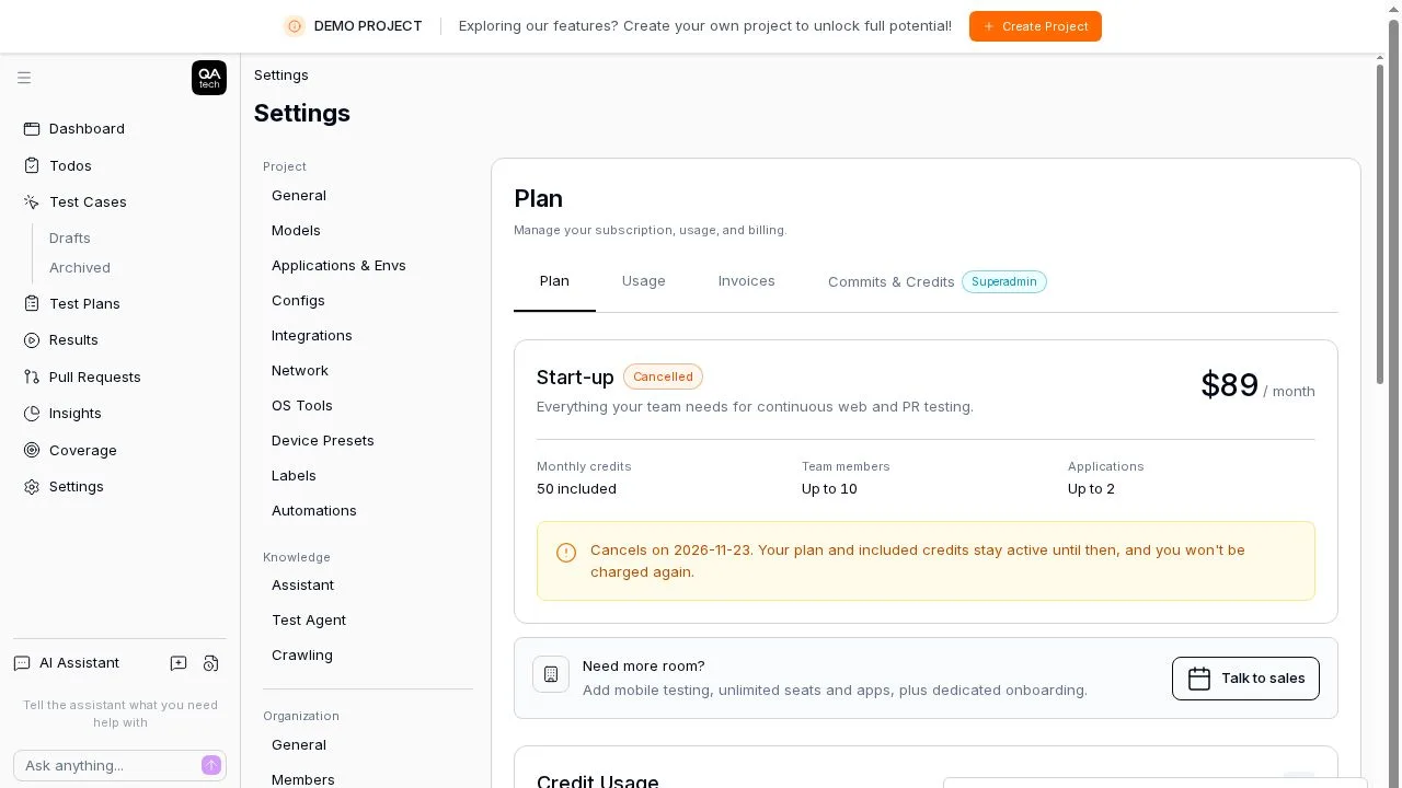 A cancelled Start-up plan showing the date access ends