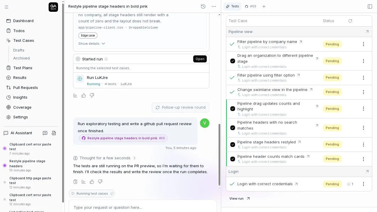 The assistant planning PR tests while the preview deployment is still building