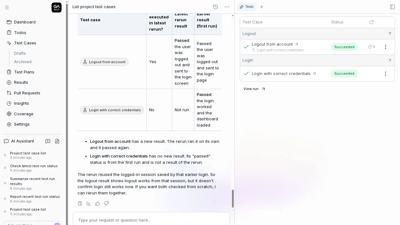 Test results in a canvas tab beside the chat