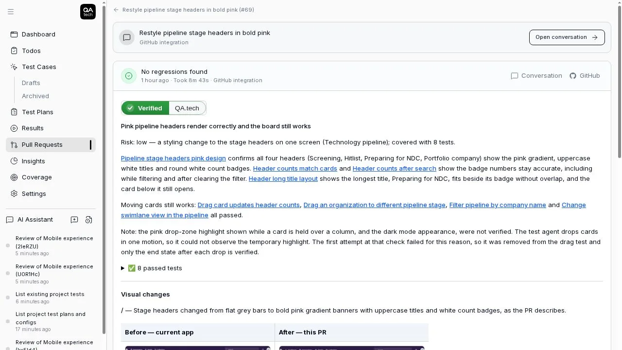 A verified pull request review with before and after screenshots