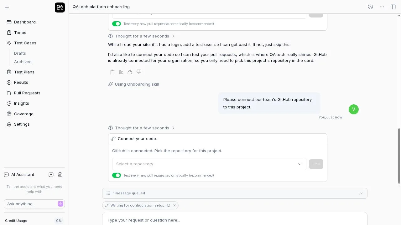 Connecting a repository during setup, with automatic PR testing switched on