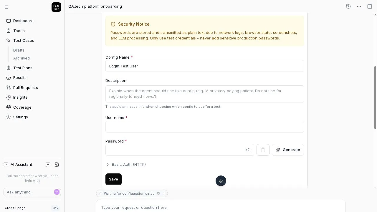 The test account form during setup
