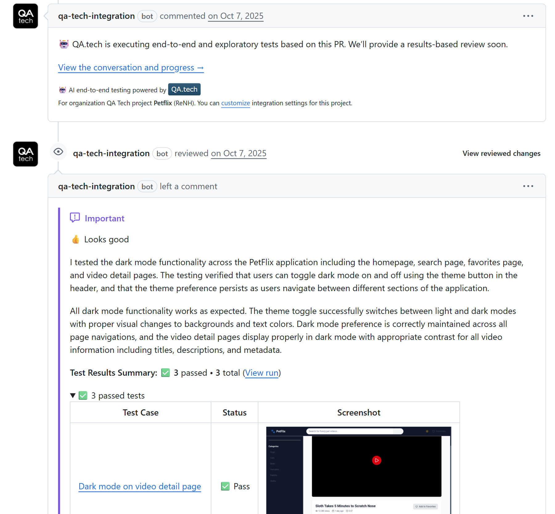 Agentic test results at the PR level after integration into the CI/CD pipeline