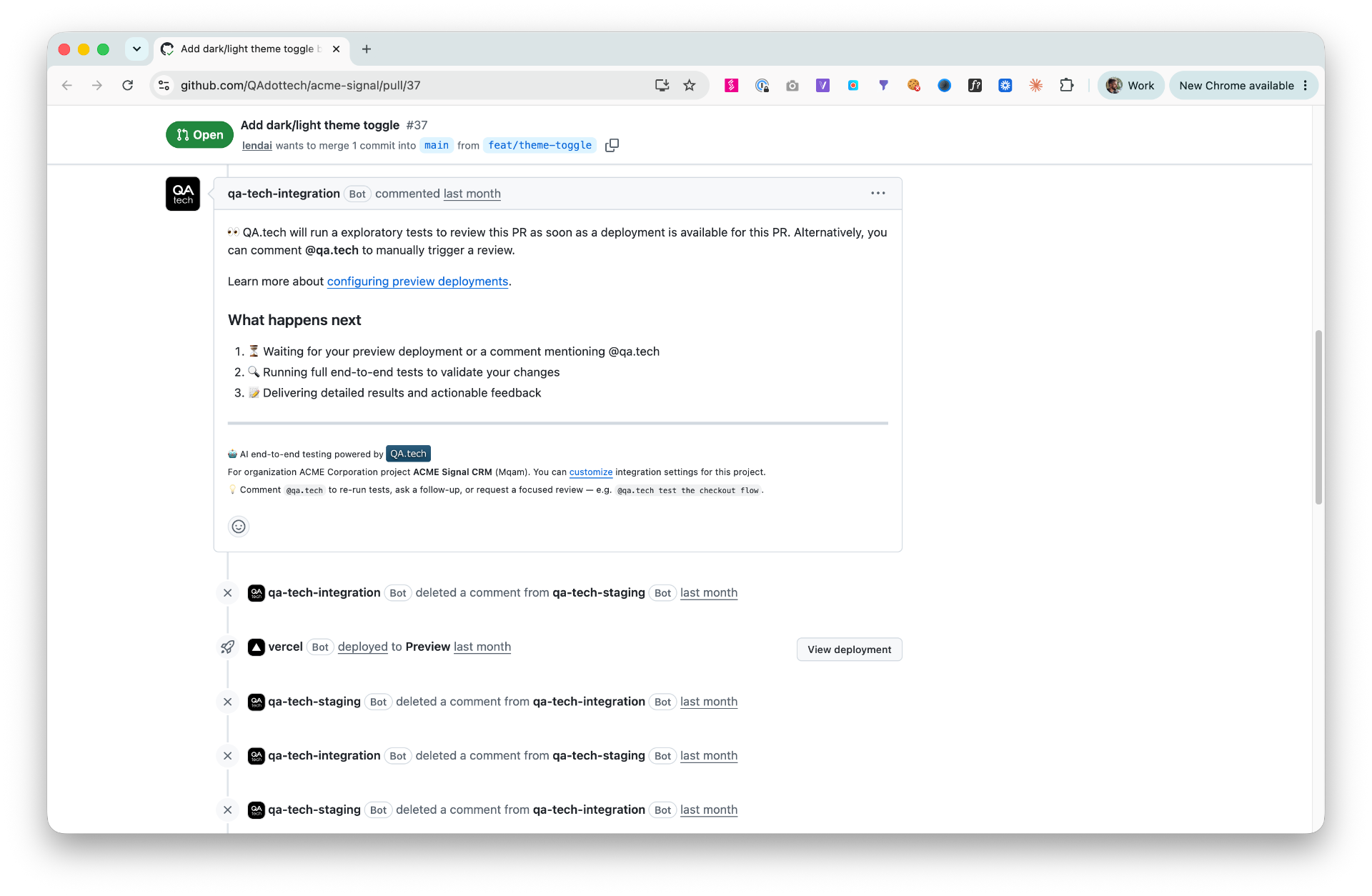 QA.tech comment on a GitHub pull request announcing it will run exploratory tests as soon as a preview deployment is available