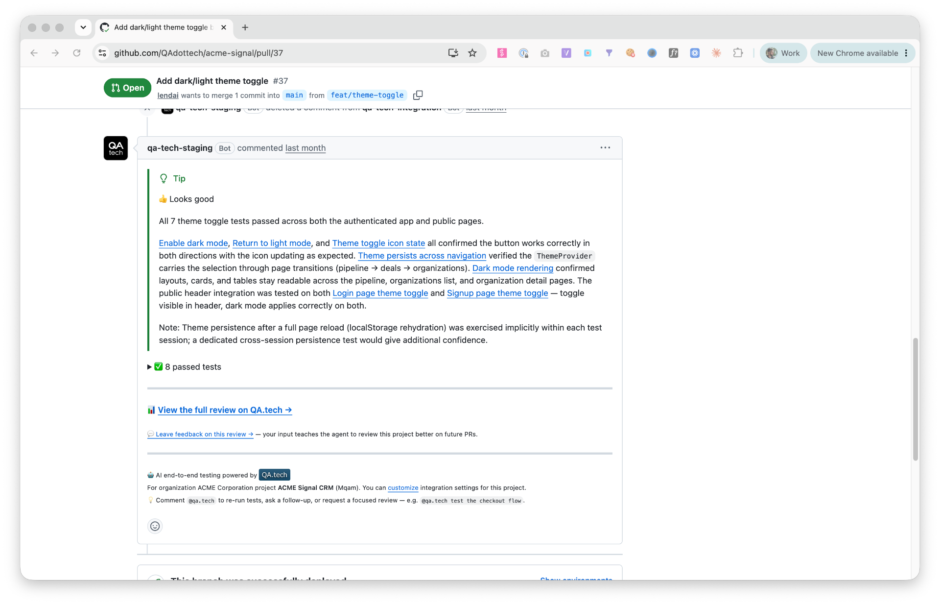 QA.tech PR review result showing 7 theme toggle tests passing across authenticated and public pages, with links to individual test runs