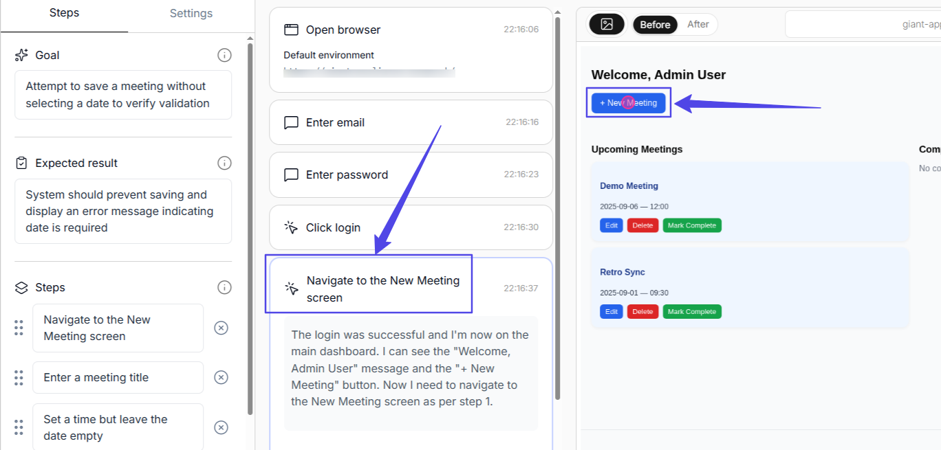A button click and a highlight around the stated test step