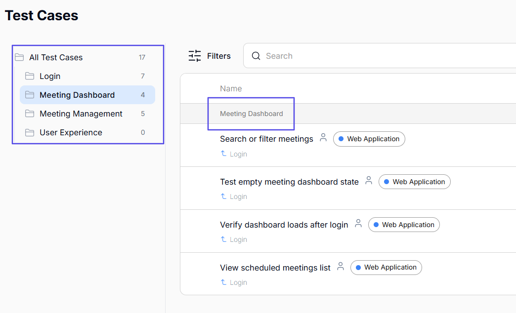 Test cases grouped according to feature