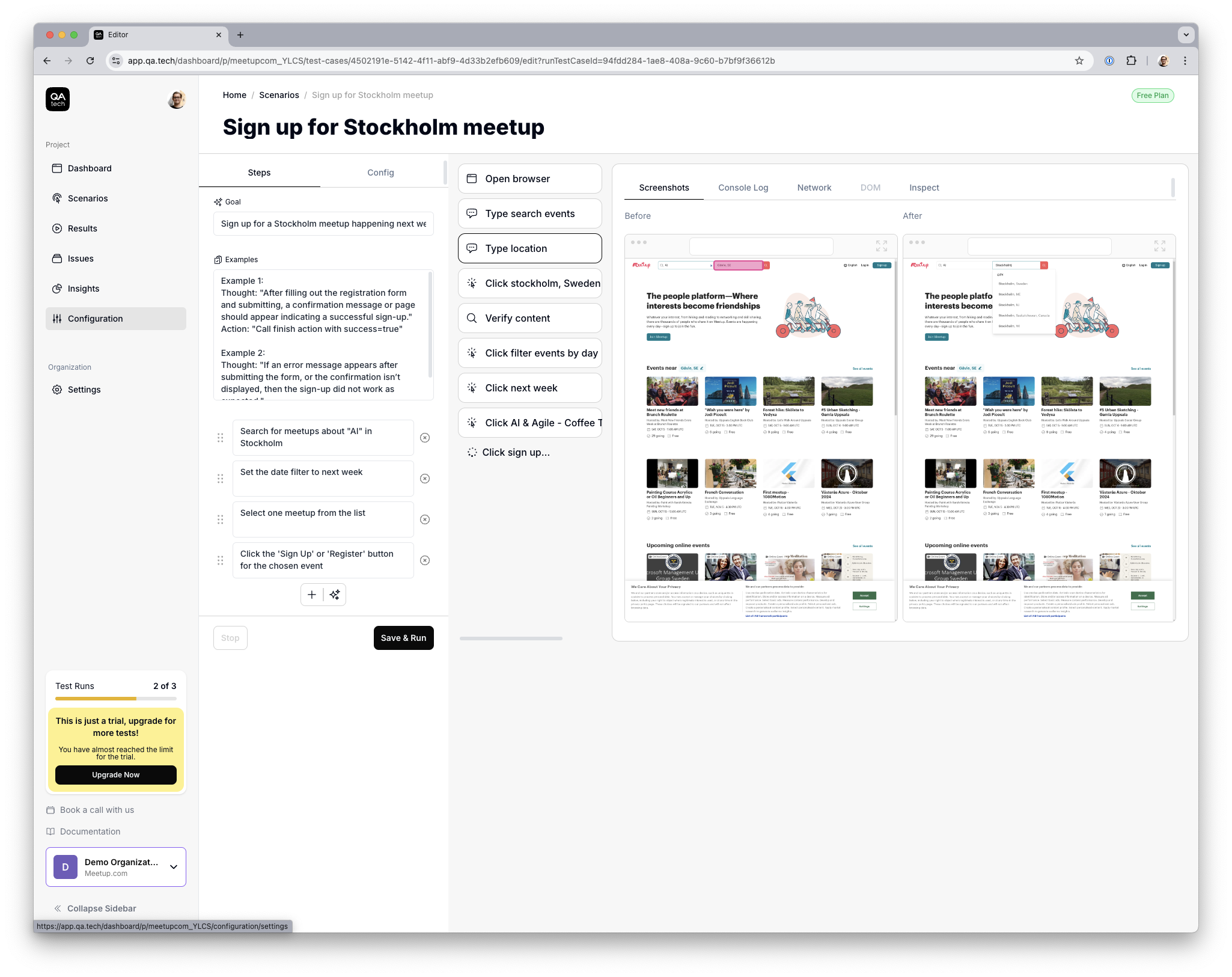 Meetup test in QA.tech platform